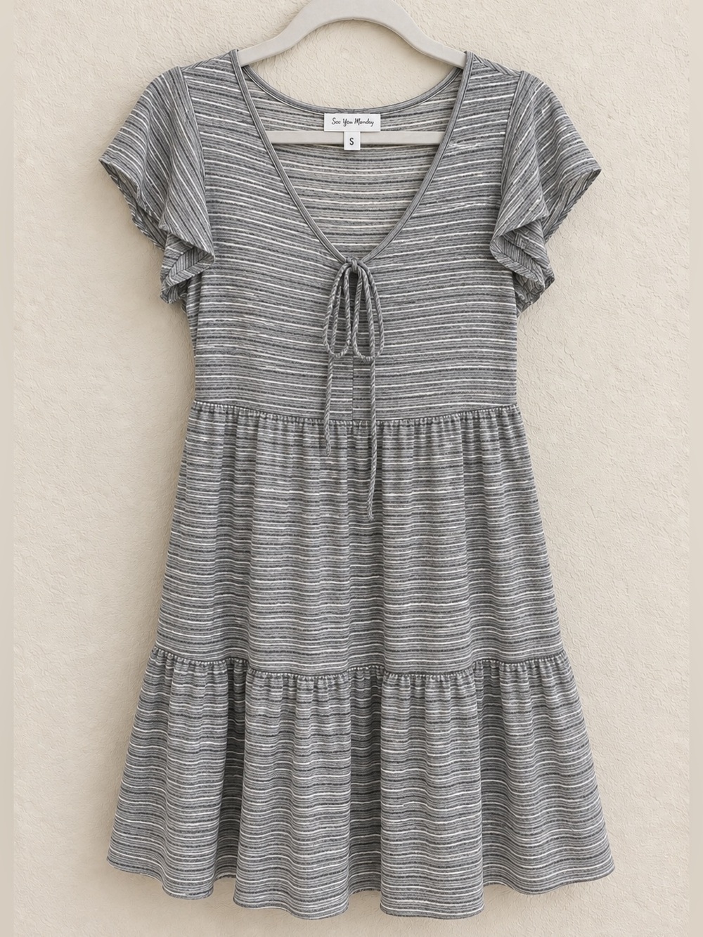 See you Monday grey and white Flowy dress k
